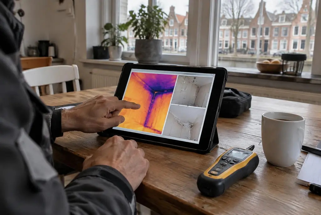 Lekdetectie Elburg – lekdetectierapport met warmtebeelden en foto's op een tablet