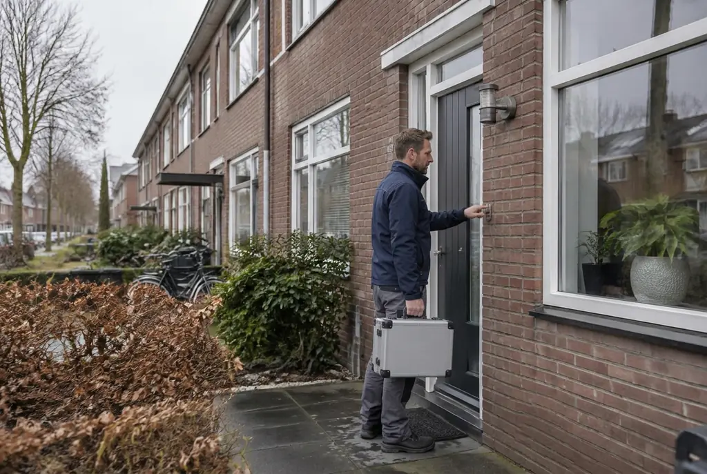 Lekdetectiespecialist met meetkoffer bij de voordeur van een woning in Elburg